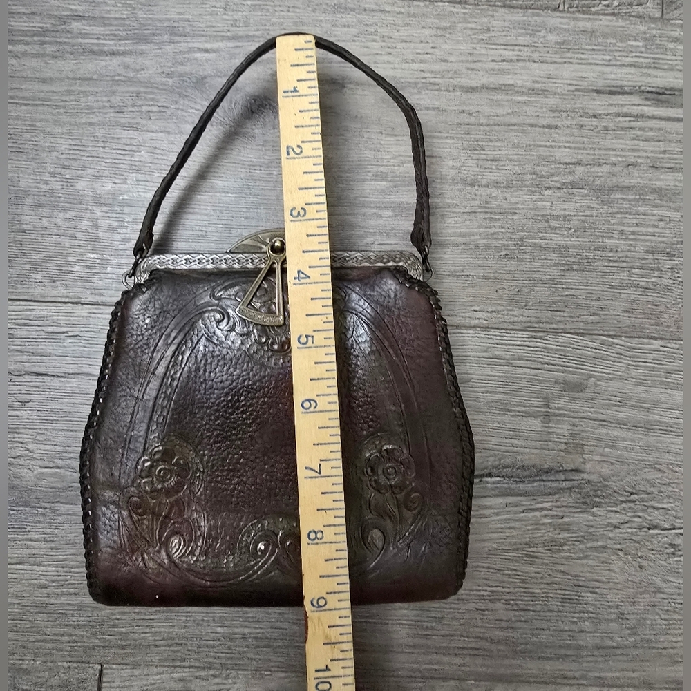 Antique Early 1900's Hand Tooled Leather Hand Bag Art Nouveau Deep Brown - Picture 11 of 13